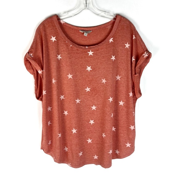 Lucky Brand Tops - Lucky Brand Burnout Red/Orange White Star Print Cuff Sleeve Boxy Fit T-Shirt